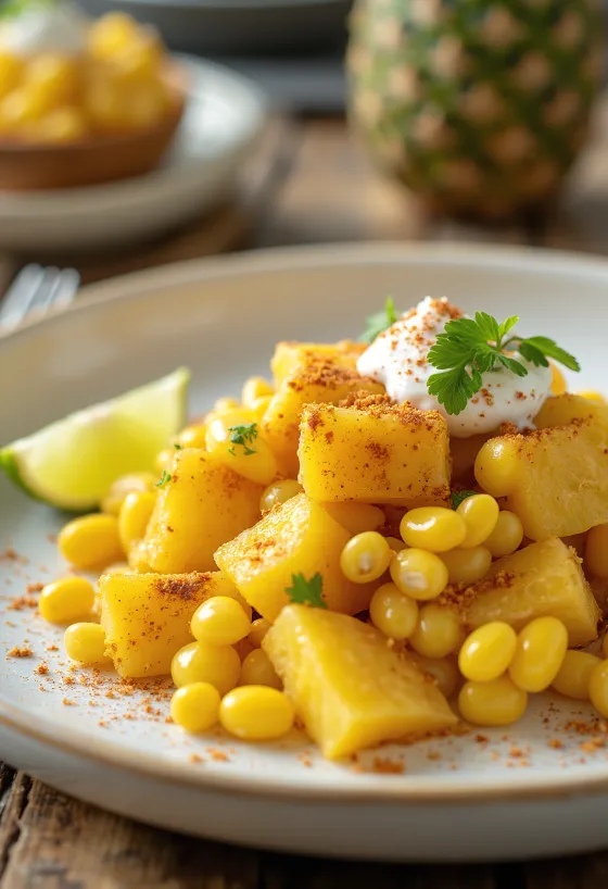 Tamalito ananásszal tálalva, feta sajttal és lime szeletekkel