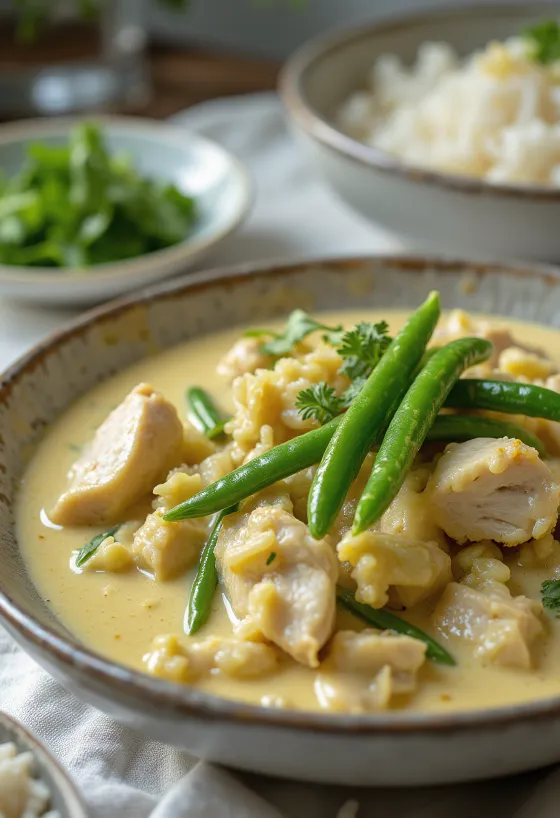 Thai zöld curry csirkével és rizzsel tálalva