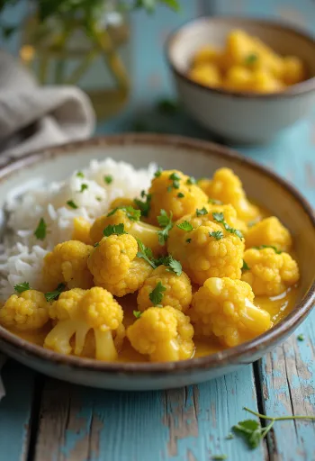 Vegán karfiol curry kókusztejjel és fűszerekkel tálalva