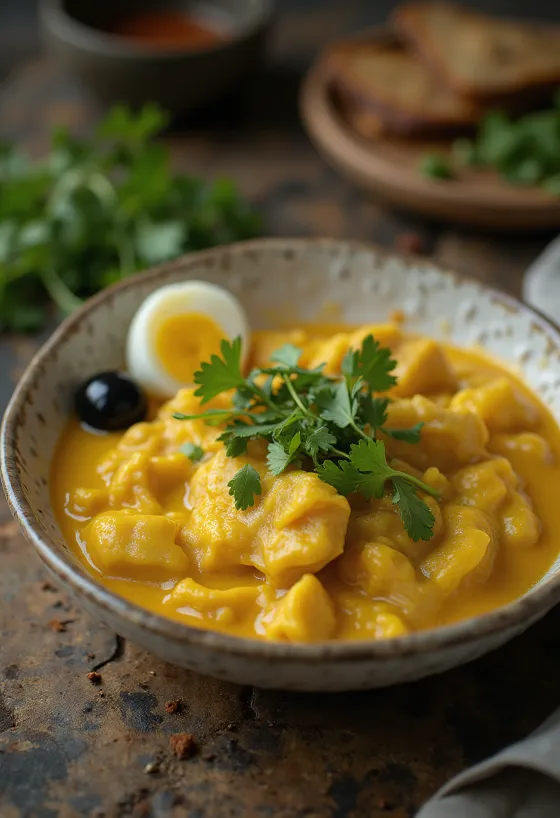 Ají de gallina korianderrel tálalva, krémes szósszal