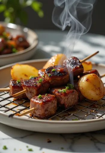 Grillezett anticucho, fűszeres marhahús nyárson, tálalva friss kenyérrel és zöldségekkel