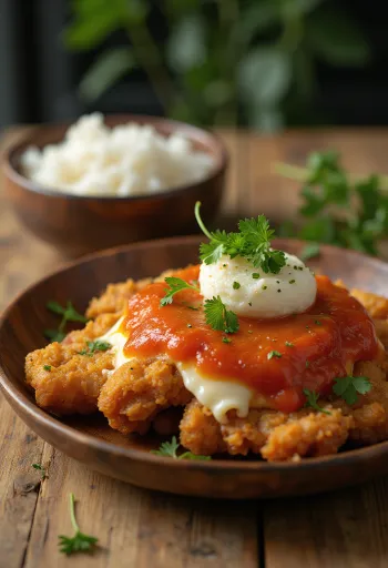 Ayam geprek sajttal ropogós csirkemell sajttal és samballal tálalva rizzsel