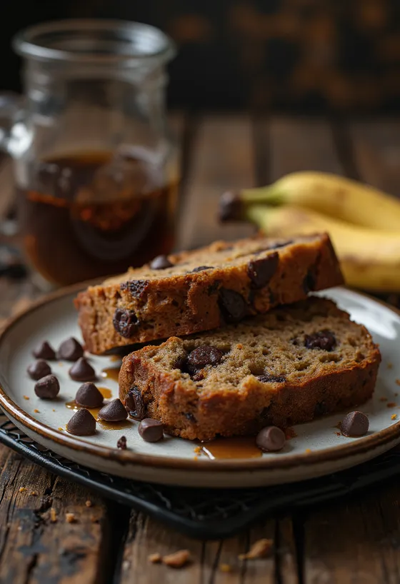 Banánkenyér csokoládéval, frissen sült kenyér szeletek, csokoládé darabokkal