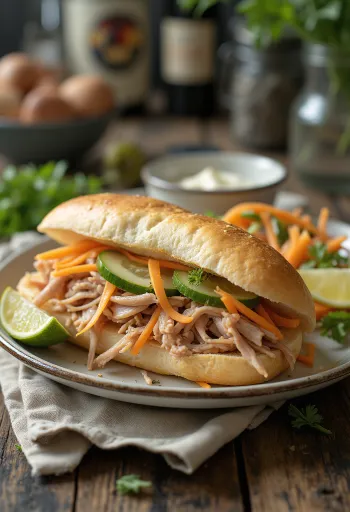 Bánh Mì Bì reszelt sertéshússal tálalva, friss zöldségekkel és korianderrel.