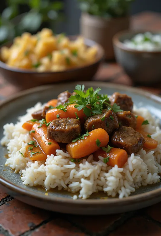 Bò kho marhahúsos leves, rizzsel tálalva