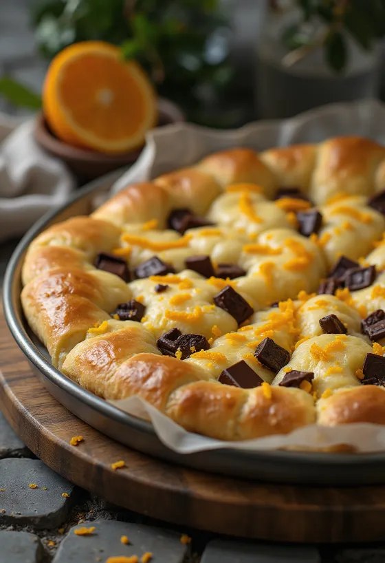 Csokoládés és narancshéjas focaccia tálalva