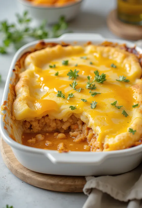Fish pie fűszeres olívaolajjal, burgonyával, haldarabokkal és sajttal tálalva