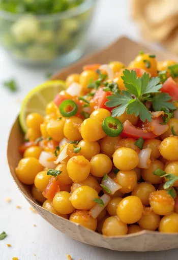 Ghugni chaat hagymával és paradicsommal tálalva, díszítve korianderrel