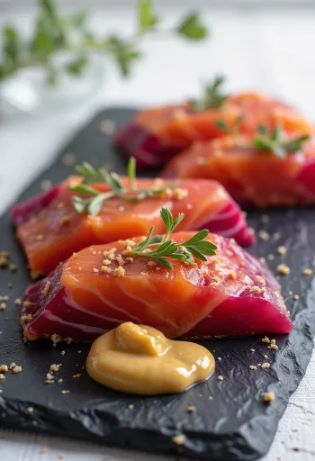 Gravlax céklával, friss lazaccal, kaporral és reszelt céklával tálalva