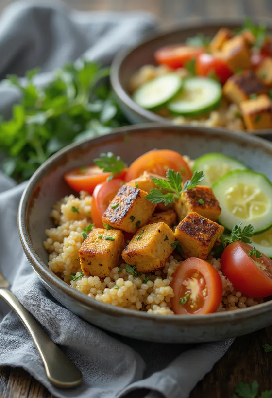 Grillezett tofu quinoa salátával tálalva