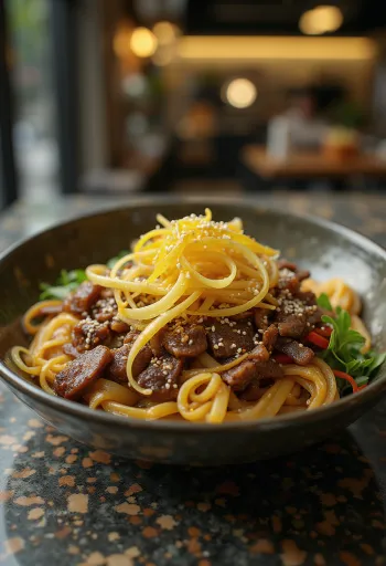 Japchae marhahússal tálalva, édesburgonya tésztával és zöldségekkel
