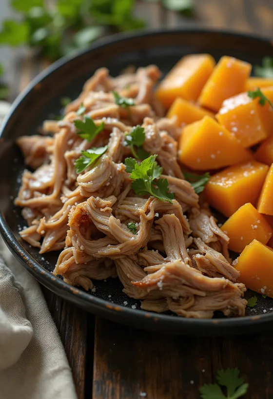 Kalua Pork édesburgonyával, friss korianderrel tálalva