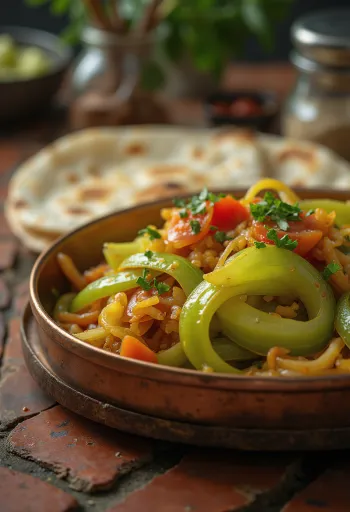 Karela Sabzi tálban, friss korianderrel díszítve