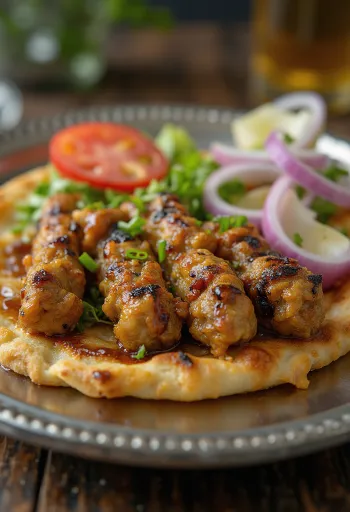 Kebab fokhagymával tálalva, friss pitával és citromlével