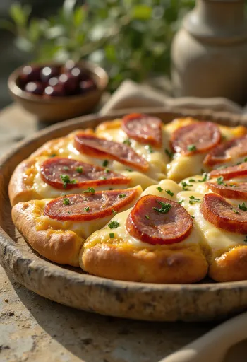 Kolbászos-füstölt sajtos focaccia tálalva