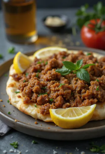 Lahmacun húsos töltelékkel, friss tésztával és fűszeres húsos töltelékkel tálalva