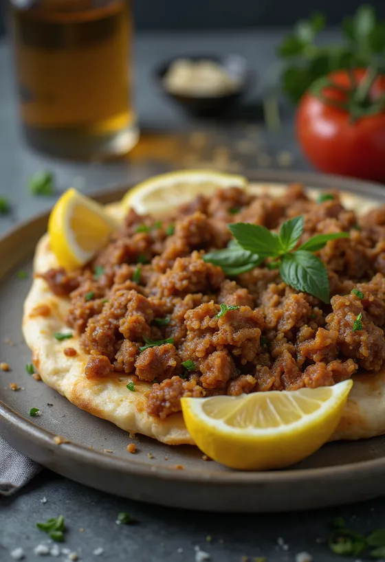 Lahmacun húsos töltelékkel, friss tésztával és fűszeres húsos töltelékkel tálalva