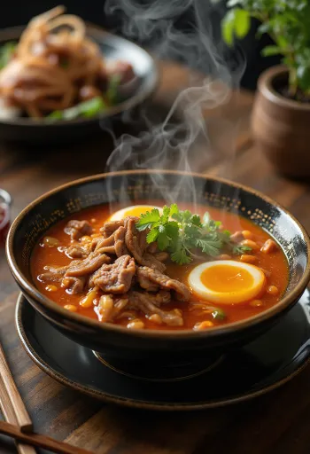 Leveses Yukgaejang, koreai marhahúsos tészta leves friss tojással és tengeri algával