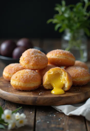 Malasada lilikoi (passiógyümölcs) krémmel, aranybarna sült tészta és passiógyümölcs krém