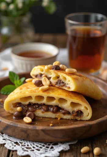 Martabak manis karamellizált cukorral, tálalva földimogyoróval