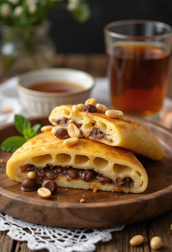 Martabak manis karamellizált cukorral, tálalva földimogyoróval