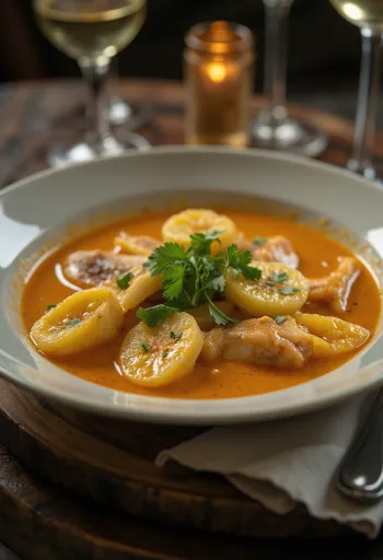 Moqueca tálalva banánnal, halakkal és kókusztejjel
