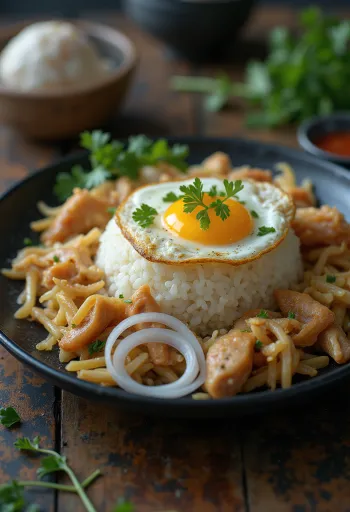 Nasi Campur tojással, sült csirkével és friss zöldségekkel tálalva