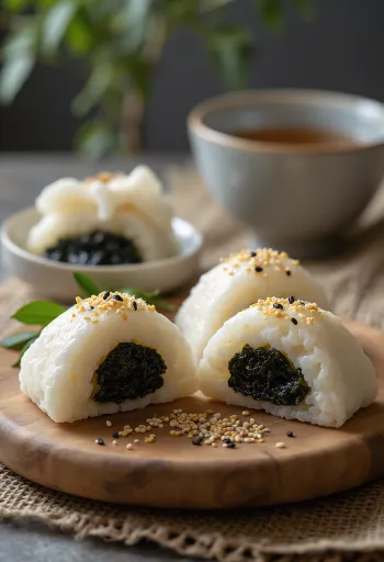 Nori tsukudani hínár szószban főzve töltelékű onigiri frissen tálalva