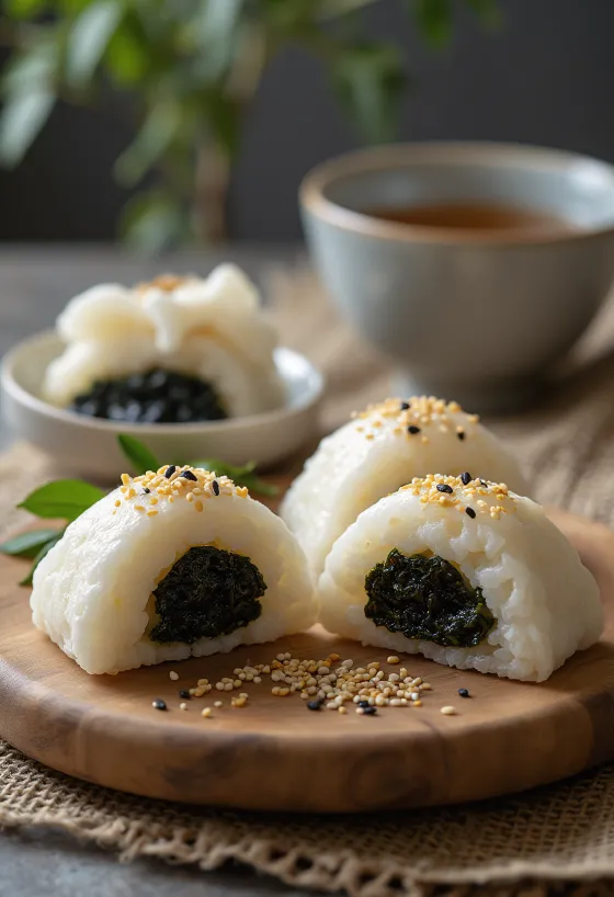 Nori tsukudani hínár szószban főzve töltelékű onigiri frissen tálalva
