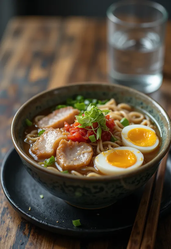 Okinawa soba vastag tésztával, halas és sertéses alaplével, tojással és gyömbérrel tálalva