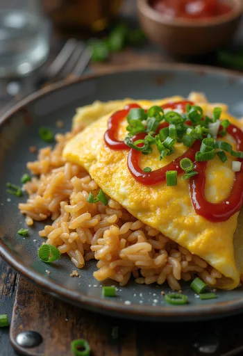 Omlettel töltött rizs tálalva friss újhagymával