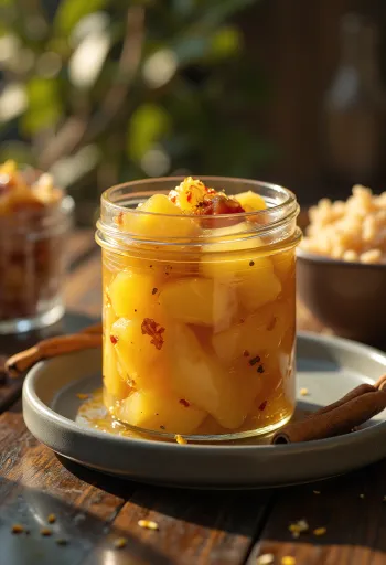 Pineapple chutney tálalva, friss korianderrel díszítve