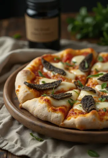 Szarvasgombás pizza tálalva mozzarellával és parmezán sajttal