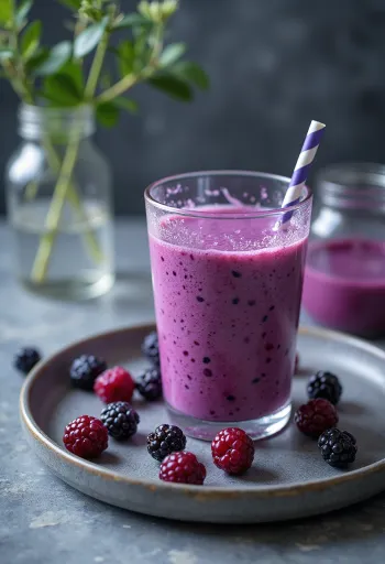 Probiotikus fekete áfonya kefir pohárban, halványlila árnyalatú, gyümölcsös ital
