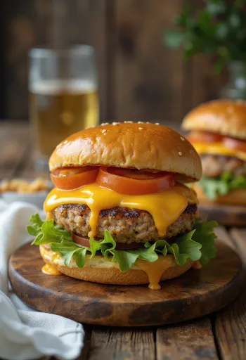 Pulykahúsos hamburger grillezett pulykahúspogácsával és olvadó sajttal