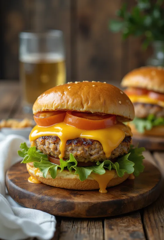 Pulykahúsos hamburger grillezett pulykahúspogácsával és olvadó sajttal