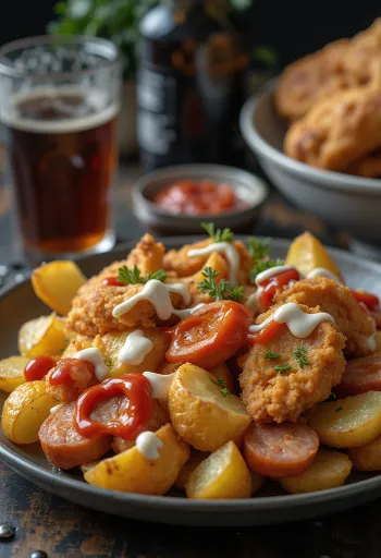 Salchipapas sült csirkével, ropogós burgonyával és kolbásszal tálalva