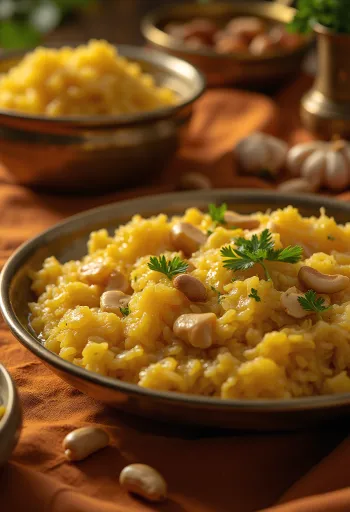 Samba godhumai pongal túróval és földimogyoróval tálalva, friss korianderrel díszítve