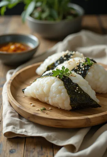 Shio kombu sózott hínár töltelékű onigiri szezámmaggal és tengeri algával díszítve