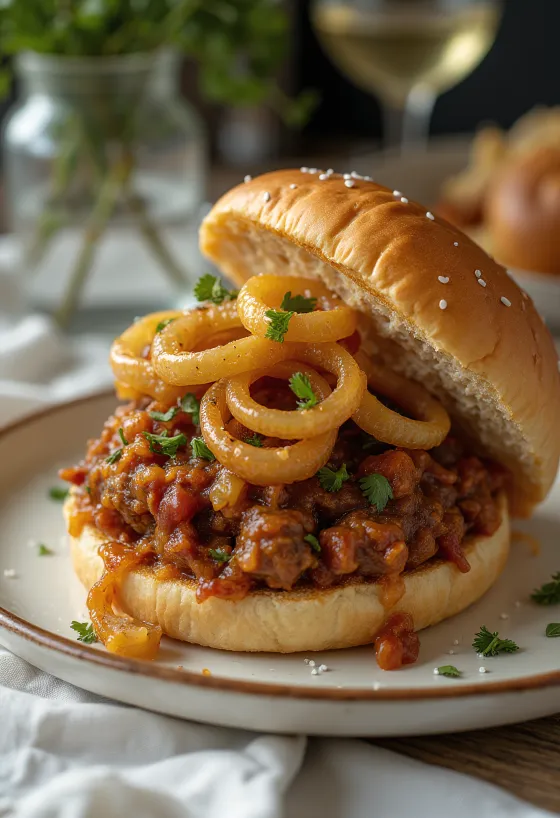 Klasszikus Sloppy Joe szendvics, gazdagon elhelyezett darálthúsos töltelékkel és hagymával