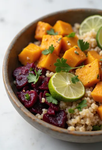 Sütőtökös quinoa Buddha-tál currys céklával tálalva