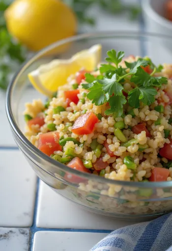 Tabbouleh bulgurral, friss zöldségekkel és petrezselyemmel