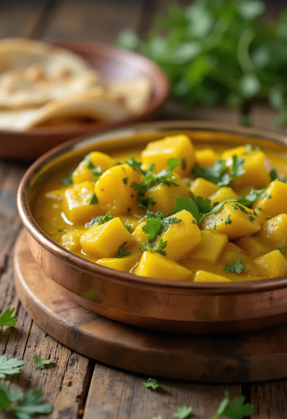 Tinda sabzi, fűszeres tinda indiai módra, gazdag fűszerekkel és friss korianderrel tálalva