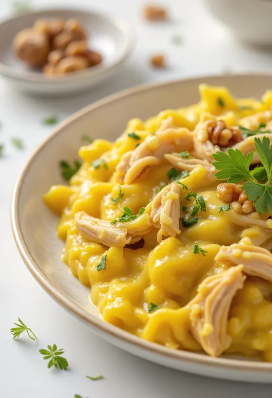 Ají de gallina tejmentes, csirkehús, kókusztej és piri-piri szószban tálalva
