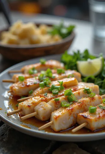 Anticucho de pescado, grillezett hal lime-mal és friss zöldségekkel