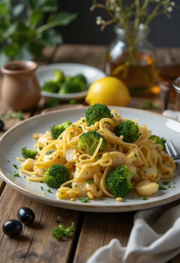 Bacalhau à Brás brokkolival tálalva egy rusztikus tányéron