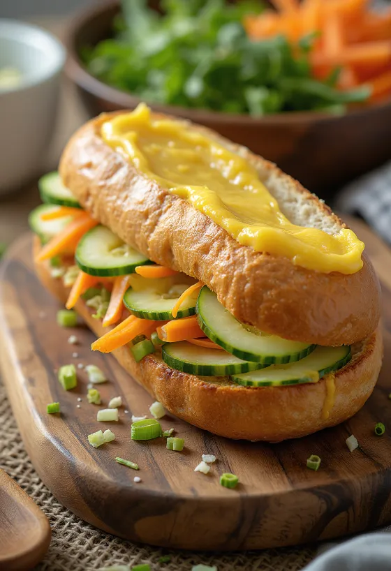 Bánh Mì Bơ vajjal készült szendvics friss zöldségekkel és korianderrel tálalva.