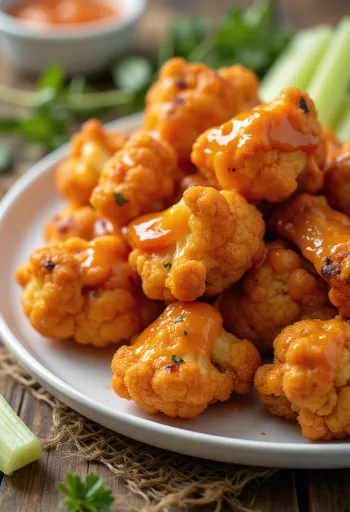 BBQ grillezett karfiolos Buffalo wings tálalva