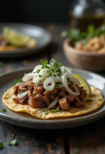 Cabeza Taco lassan főtt marhapofával, korianderrel és piros hagymával