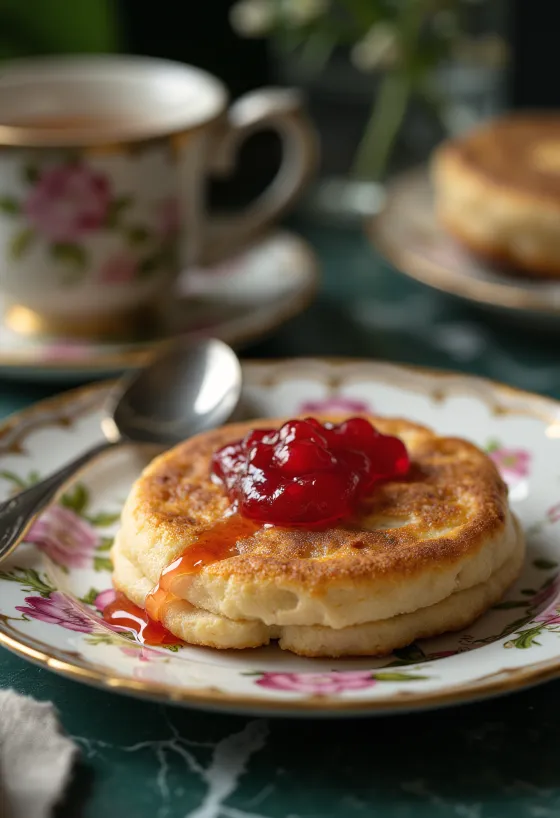 Crumpet lekvárral aranybarna, puha sütemények